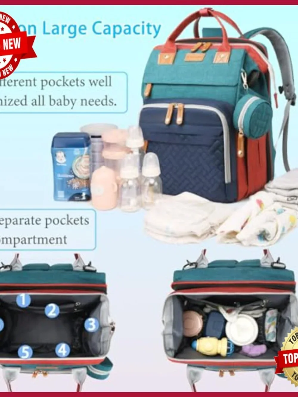 Large Waterproof Diaper Backpack with Changing Station and USB Port